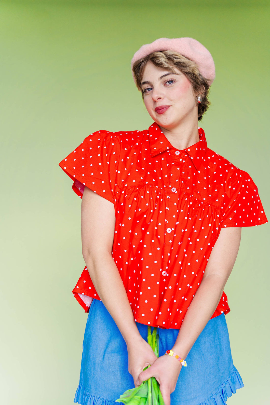 Women’s Cotton Blouse - Cherry Polka Dot Mushroom Top