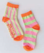 Women Spring Novelty Cotton Pink Yellow Striped Ankle Sock