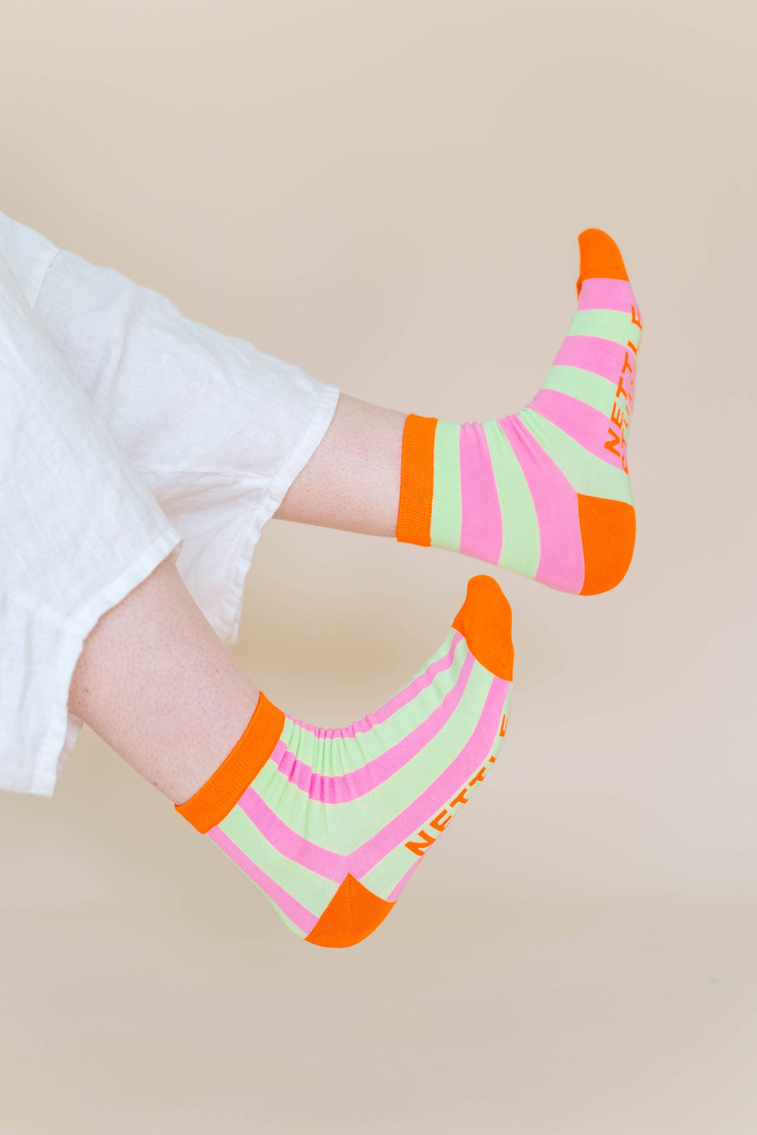Women Spring Novelty Cotton Pink Yellow Striped Ankle Sock