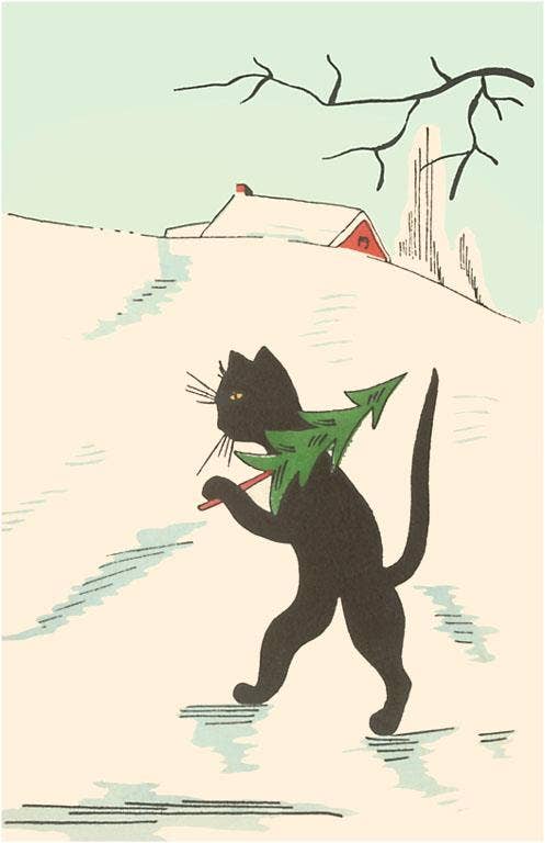 Postcard MC-376 Black Cartoon Cat with Small Christmas Tree
