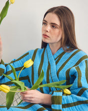 Stripe Waffle Bathrobe in Cool Green+Blue