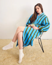 Stripe Waffle Bathrobe in Cool Green+Blue