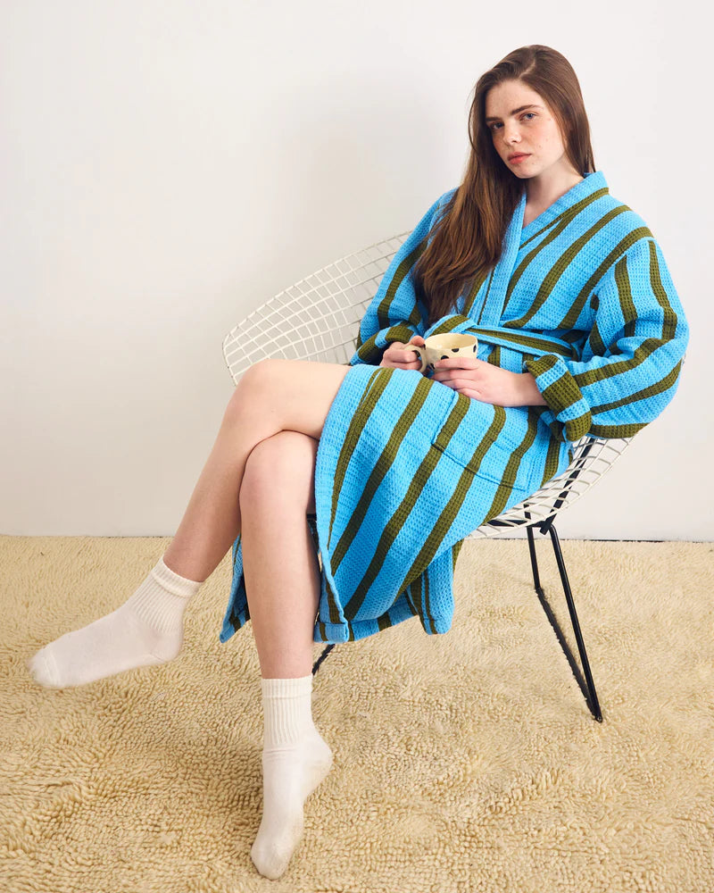 Stripe Waffle Bathrobe in Cool Green+Blue