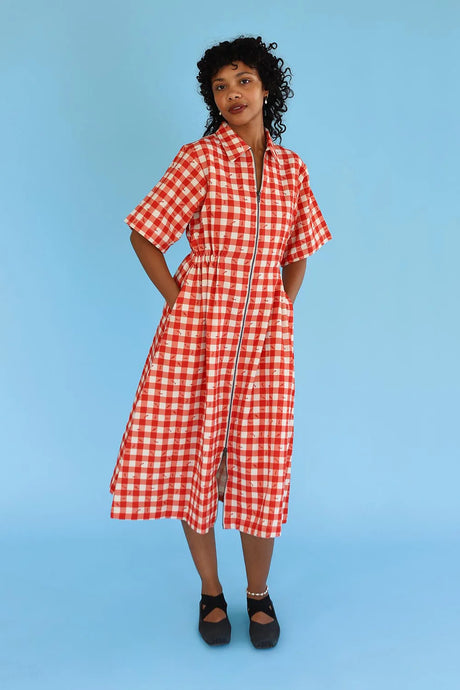 Long Utility Dress in Gingham Fishies