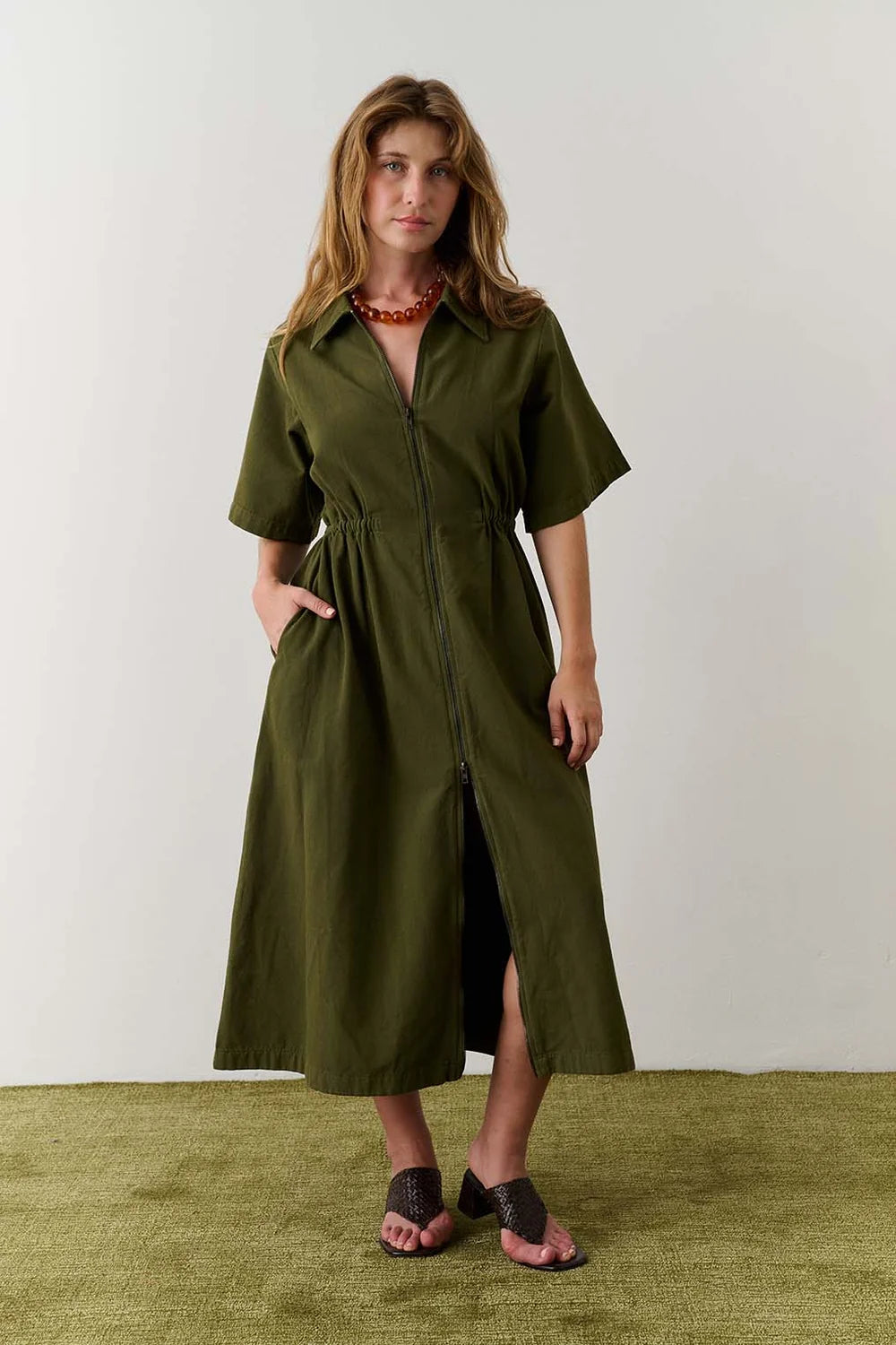 Long Utility Dress in Olive