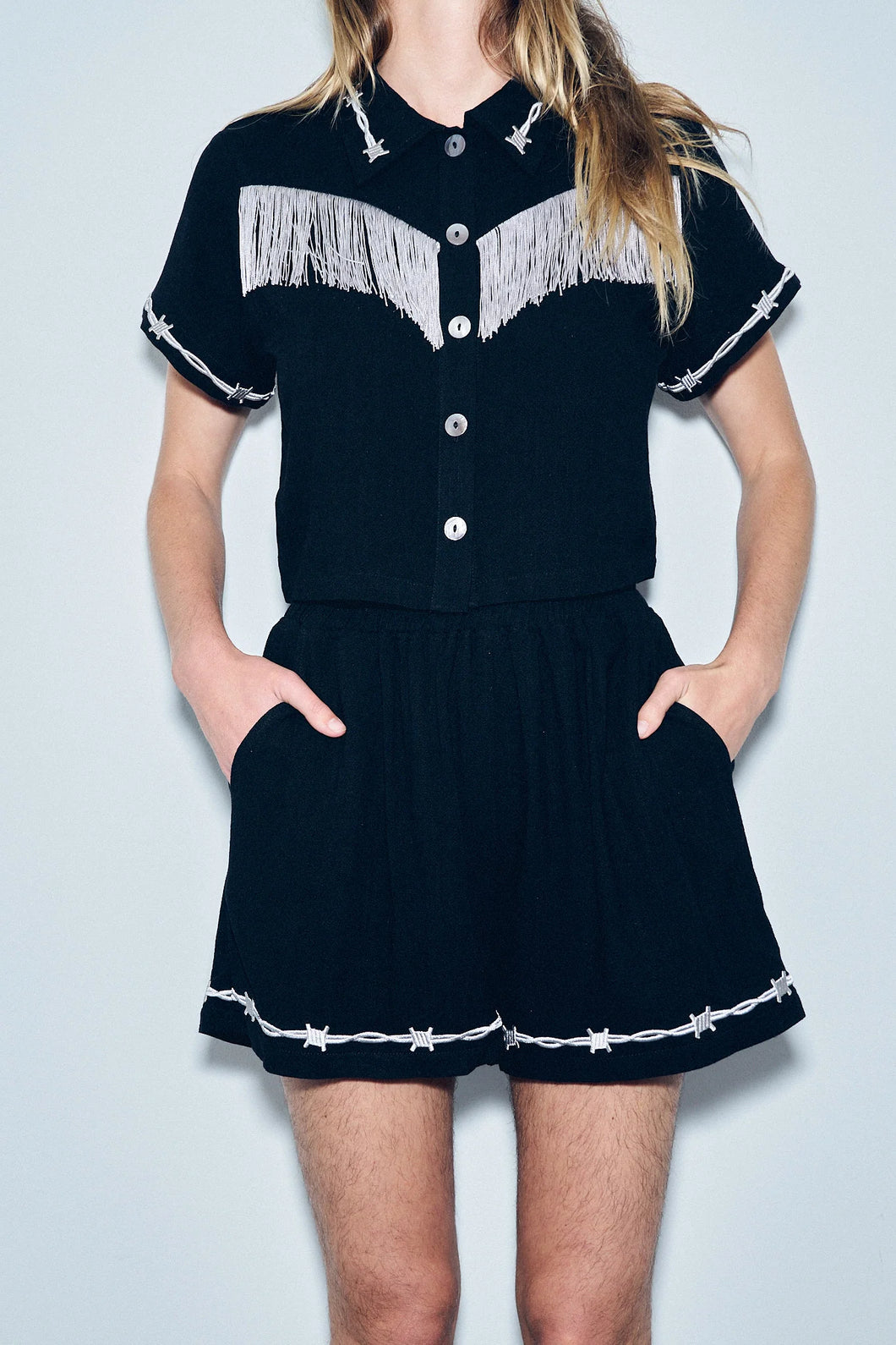 Pammy Soft Linen Shorts in Black Barbed Wire