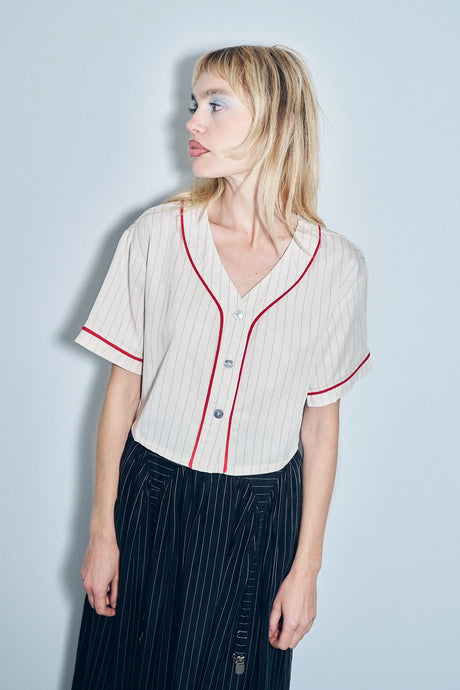 Baseball Crop Top Tencel Stripe Cream
