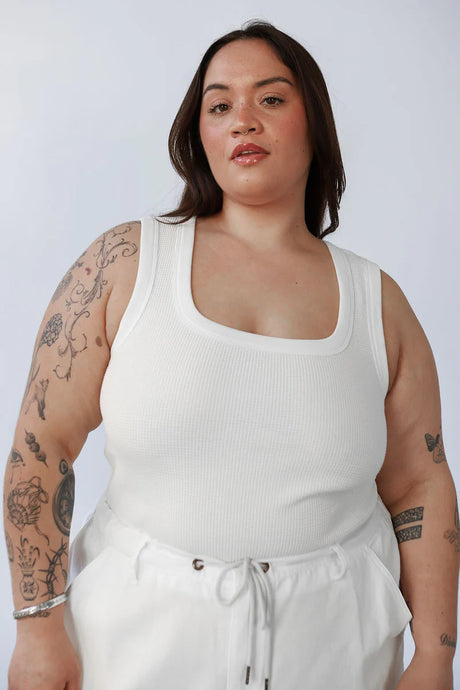 Waffle Square Crop Tank in White